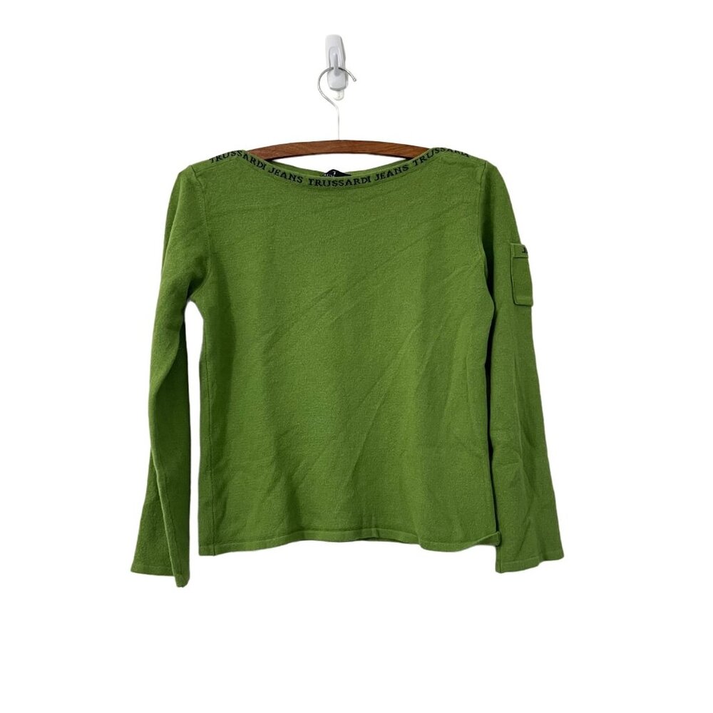 Trussardi Jeans Womens Green Wool Logo Spellout Boatneck Sweater Size Medium